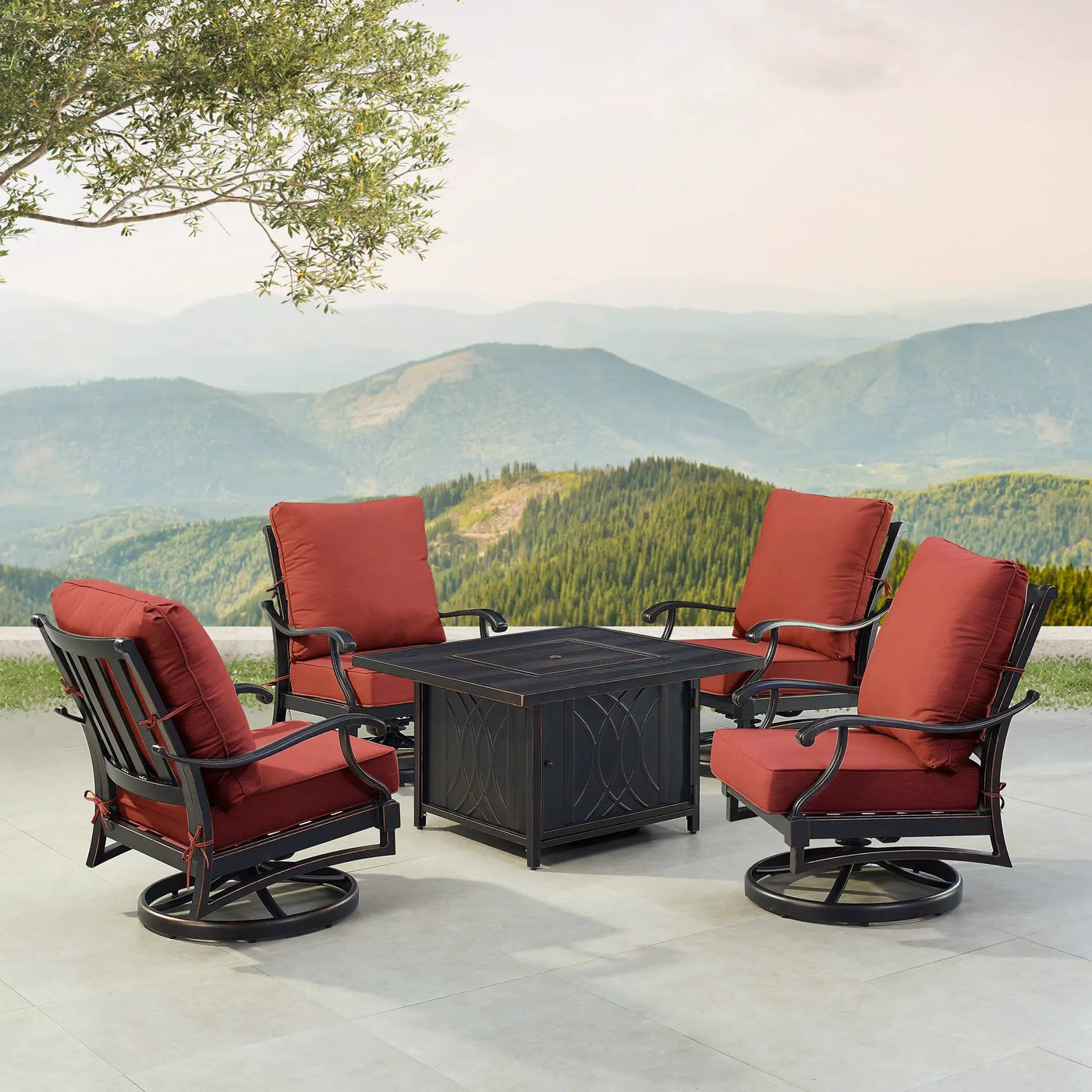 Black Aluminum Fire Table Set with Four Club Chairs by Sharicks