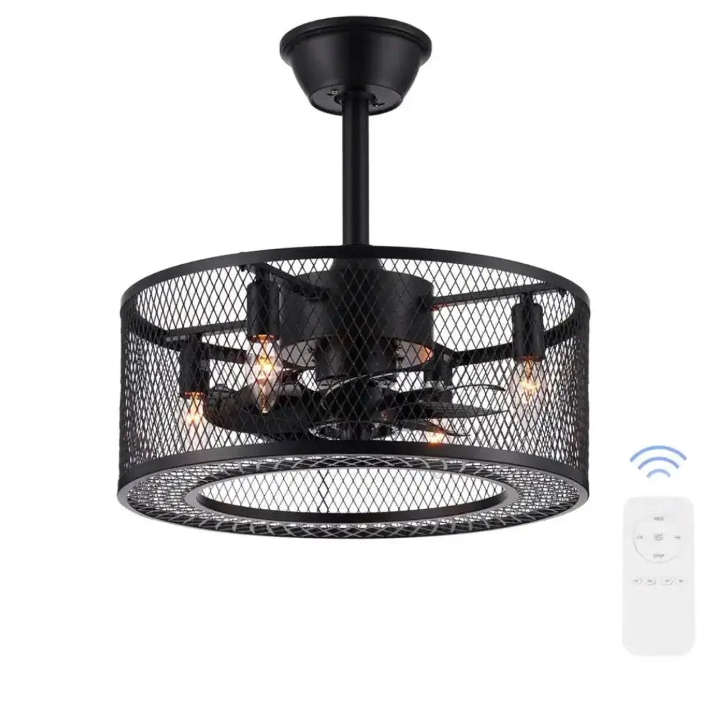 18 in. Indoor Black Industrial Caged Fandelier Ceiling Fan with Timer and Remote by Selzalot