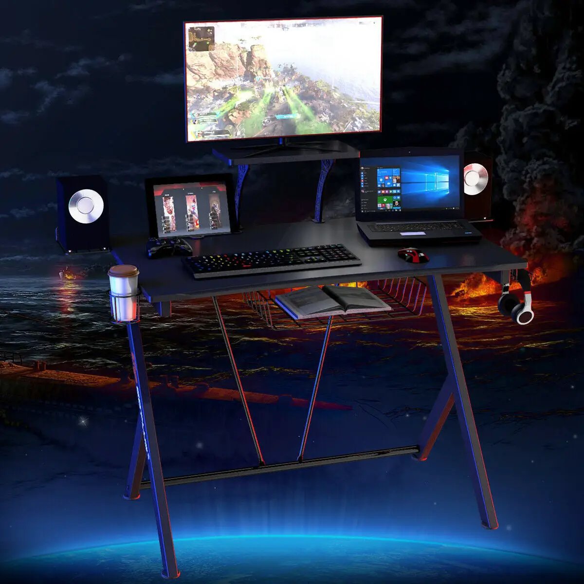 Multifunctional E-Sport Gaming Desk with Headset Hook and Cup Holder by DirectDeals