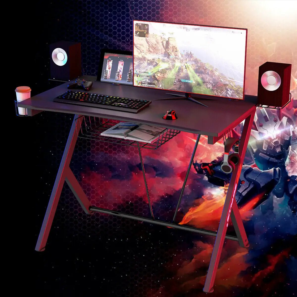 Multifunctional E-Sport Gaming Desk with Headset Hook and Cup Holder by DirectDeals