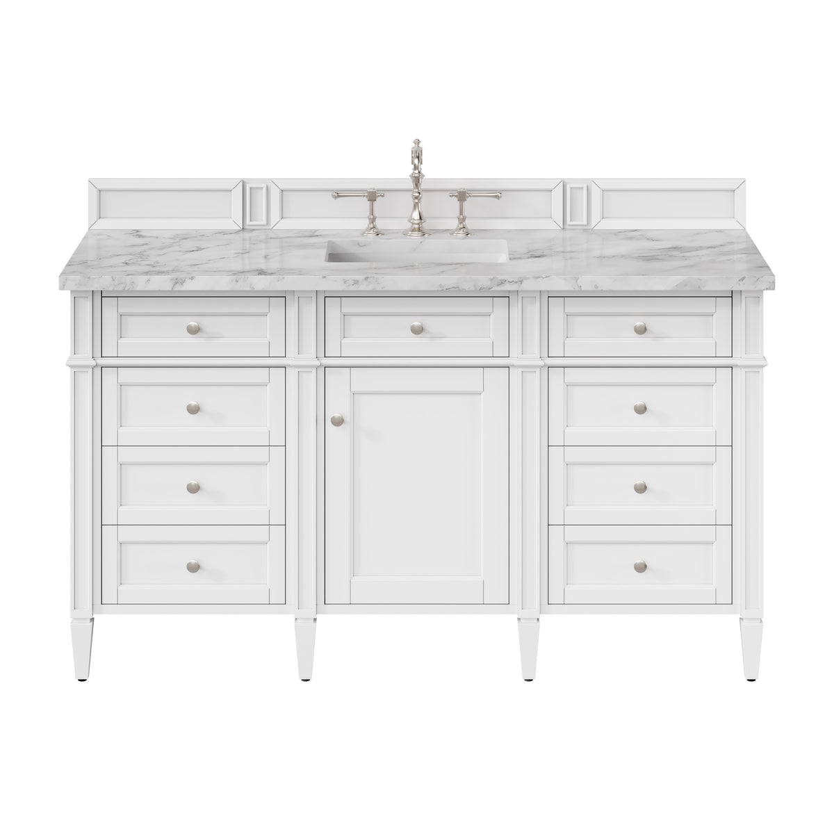 James Martin Brittany 60" Single Bathroom Vanity, Bright White with Carrara White countertop