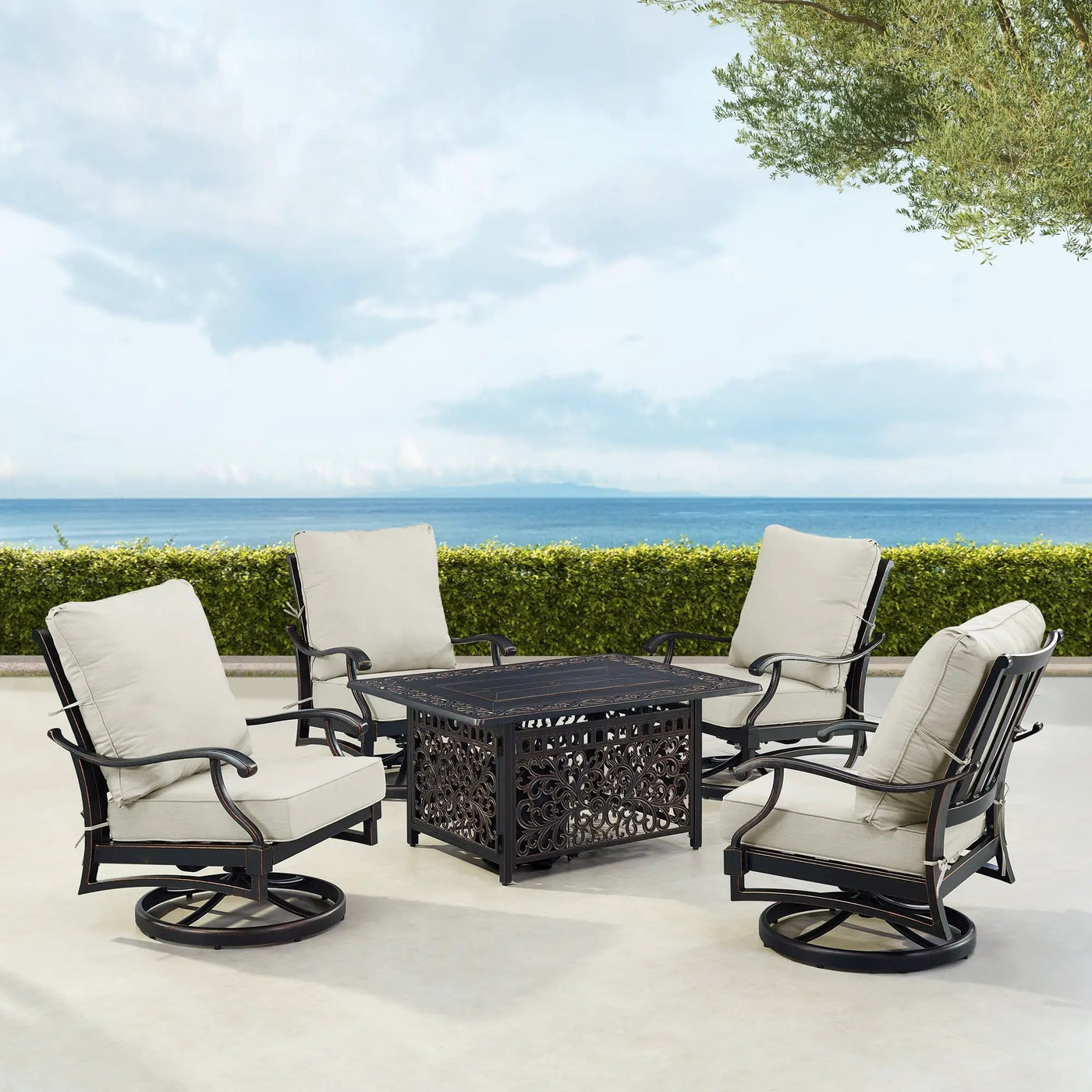 Black Aluminum Fire Table Set with Four Club Chairs by Sharicks