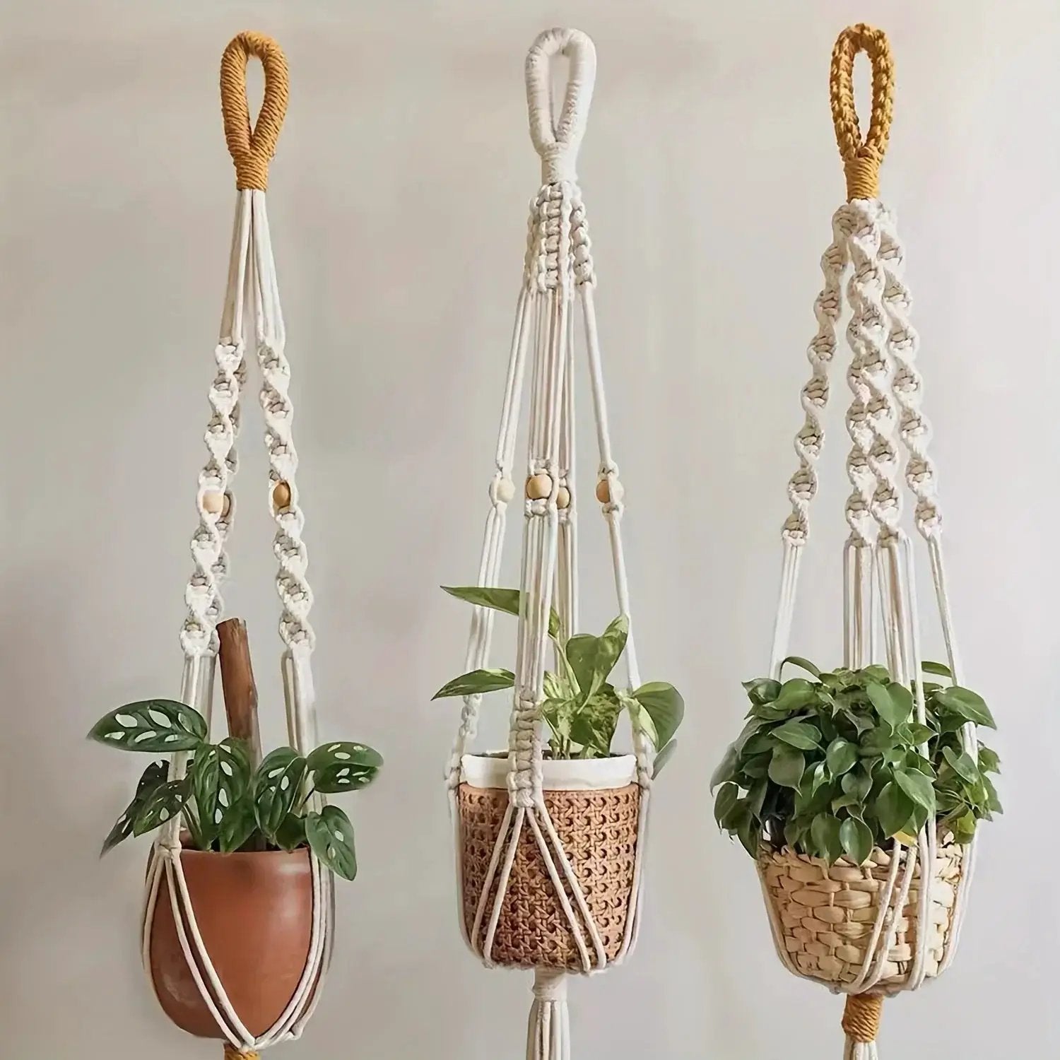 [Macrame Plant Hangers] 3pcs Macrame Plant Hangers - Bohemian Handwoven Holders with Tassels, Decorative Hanging Baskets, Ideal for Balcony/Living Room/Garden, Great Housewarming Gifts (Not Include Pots) by House Of Avana