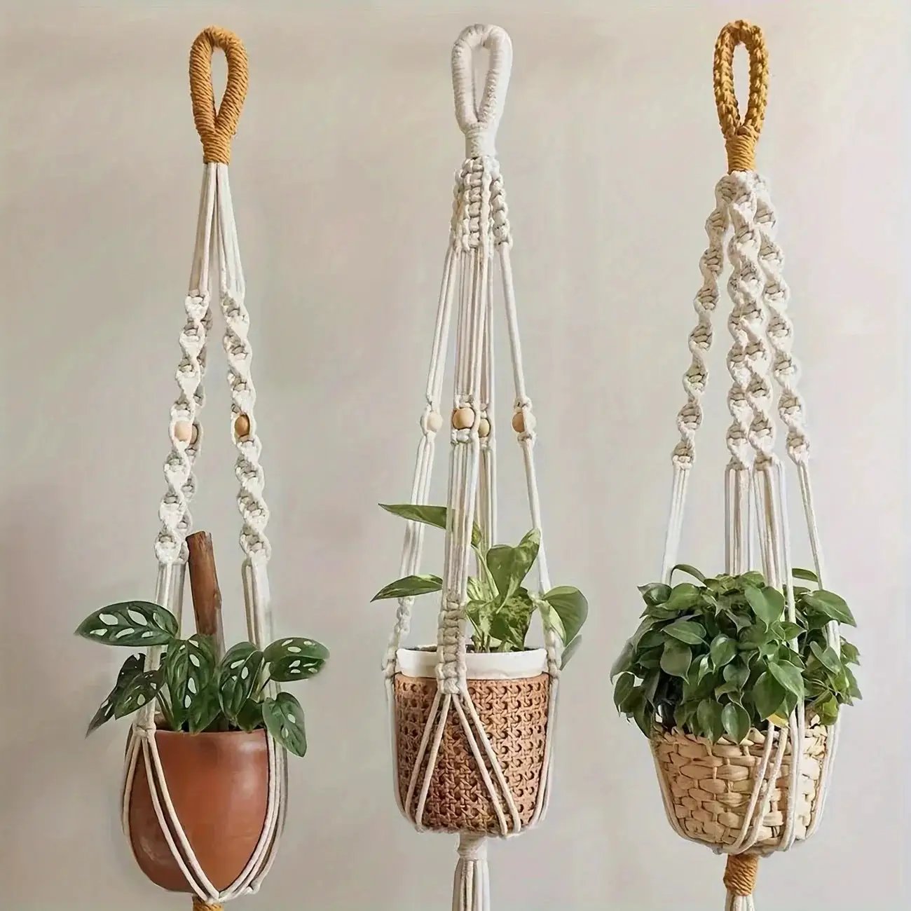 [Macrame Plant Hangers] 3pcs Macrame Plant Hangers - Bohemian Handwoven Holders with Tassels, Decorative Hanging Baskets, Ideal for Balcony/Living Room/Garden, Great Housewarming Gifts (Not Include Pots) by House Of Avana
