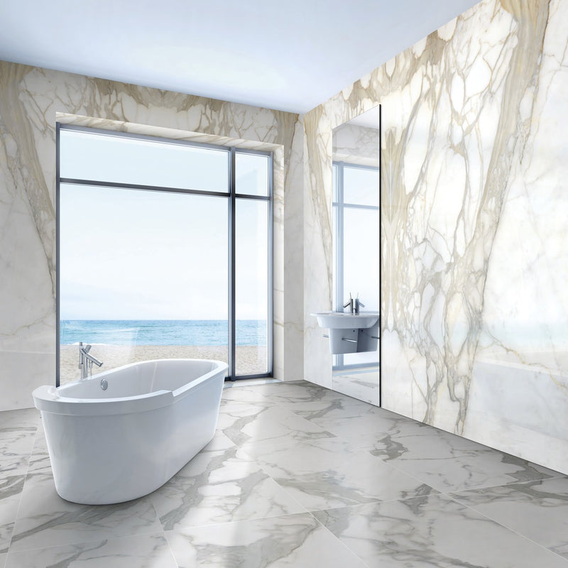 Maestro Bernini Classico Polished Marble Look Porcelain Panel 30x60 6mm installed in a bathroom