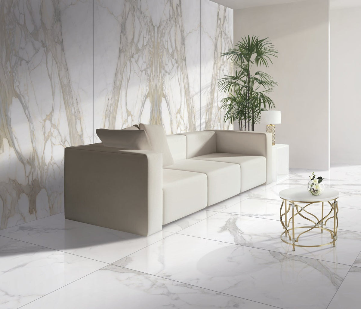 Maestro Bernini Classico Polished Marble Look Porcelain Slab 60x126 12mm Bookmatch A installed in a living room