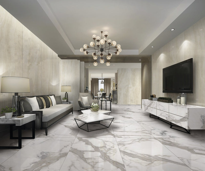 Maestro Bernini Classico Polished Marble Look Porcelain Slab 60x126 12mm Bookmatch B installed in a living room, view 2
