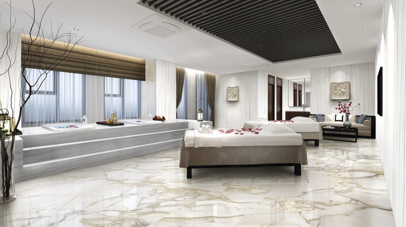 Maestro Bernini Oro Honed Marble Look Porcelain Panel 30x60 6mm installed in a spa