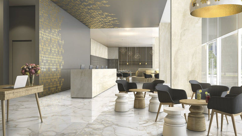 Maestro Bernini Oro Polished Marble Look Porcelain Slab 60x120 6mm installed in a lobby