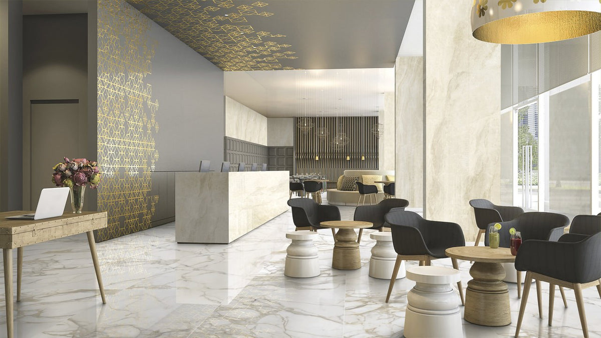 Maestro Bernini Oro Polished Marble Look Porcelain Slab 60x126 12mm Bookmatch A installed in a lobby