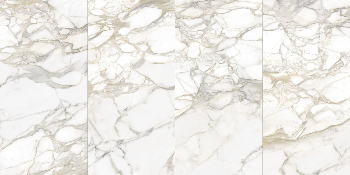 Maestro Bernini Oro Polished Marble Look Porcelain Slab 60x126 12mm Bookmatch A shown as a bookmatched pair
