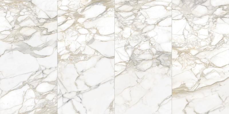 Maestro Bernini Oro Polished Marble Look Porcelain Slab 60x126 12mm Bookmatch A shown as a bookmatched pair