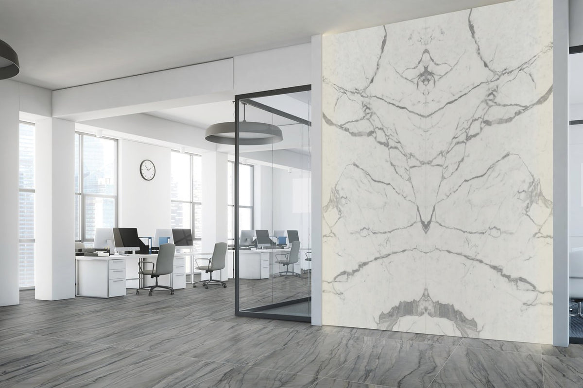 Maestro Platinum Grey Polished Marble Look Porcelain Slab 60x126 12mm Bookmatch A installed in an office