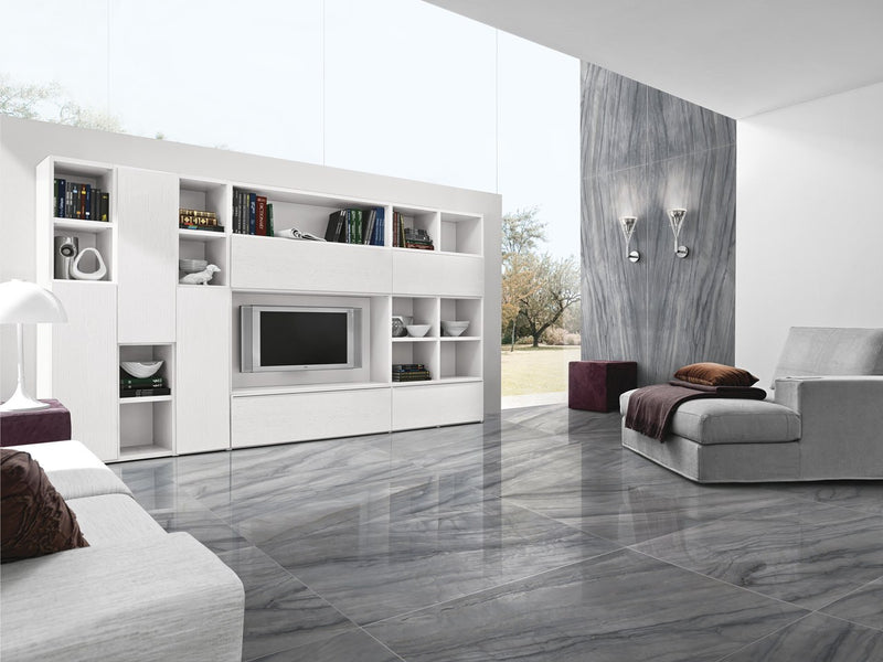 Maestro Platinum Grey Polished Marble Look Porcelain Slab 60x126 12mm Bookmatch A installed in a living room, view 2