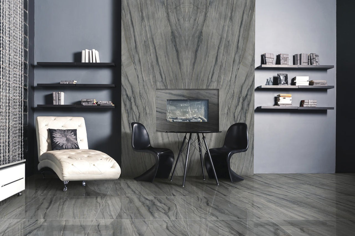 Maestro Platinum Grey Polished Marble Look Porcelain Slab 60x126 12mm Bookmatch A installed in a living room