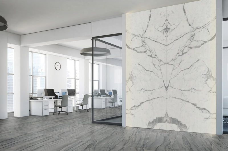 Maestro Platinum Grey Polished Marble Look Porcelain Slab 60x126 12mm Bookmatch B installed in an office
