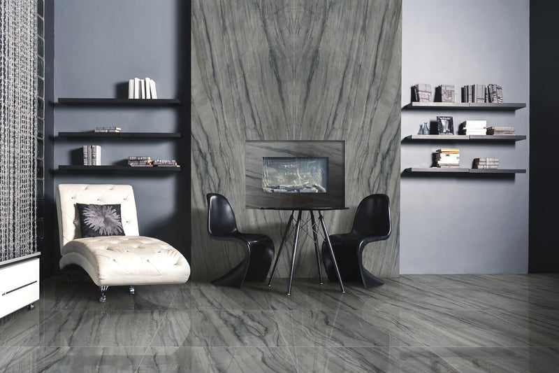Maestro Platinum Grey Polished Marble Look Porcelain Slab 60x126 12mm Bookmatch B installed in a living room