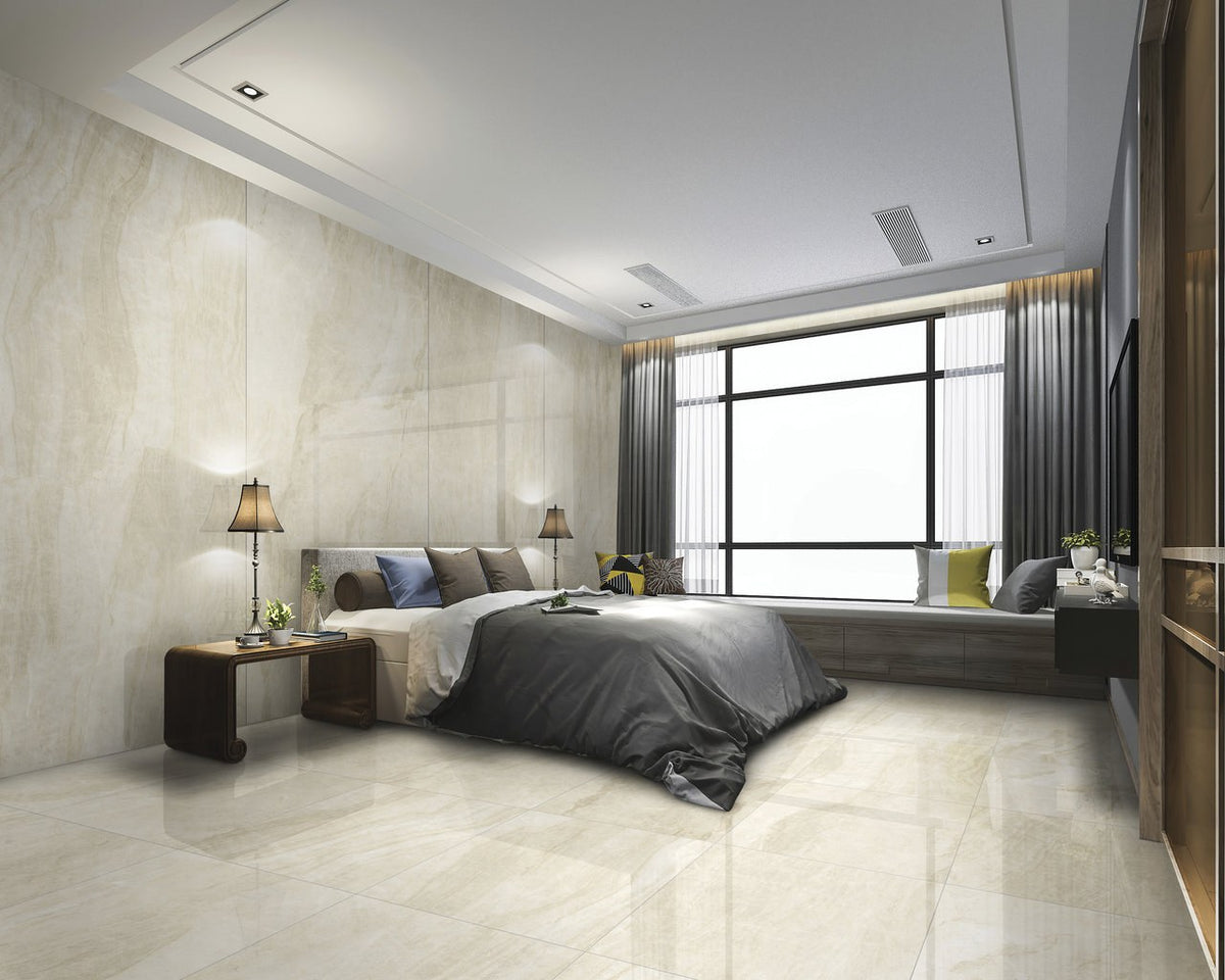 Maestro Taj Mahal Polished Marble Look Porcelain Slab 60x126 12mm installed in a bedroom