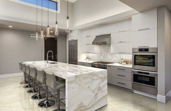 Maestro Taj Mahal Polished Marble Look Porcelain Slab 60x126 12mm installed in a kitchen