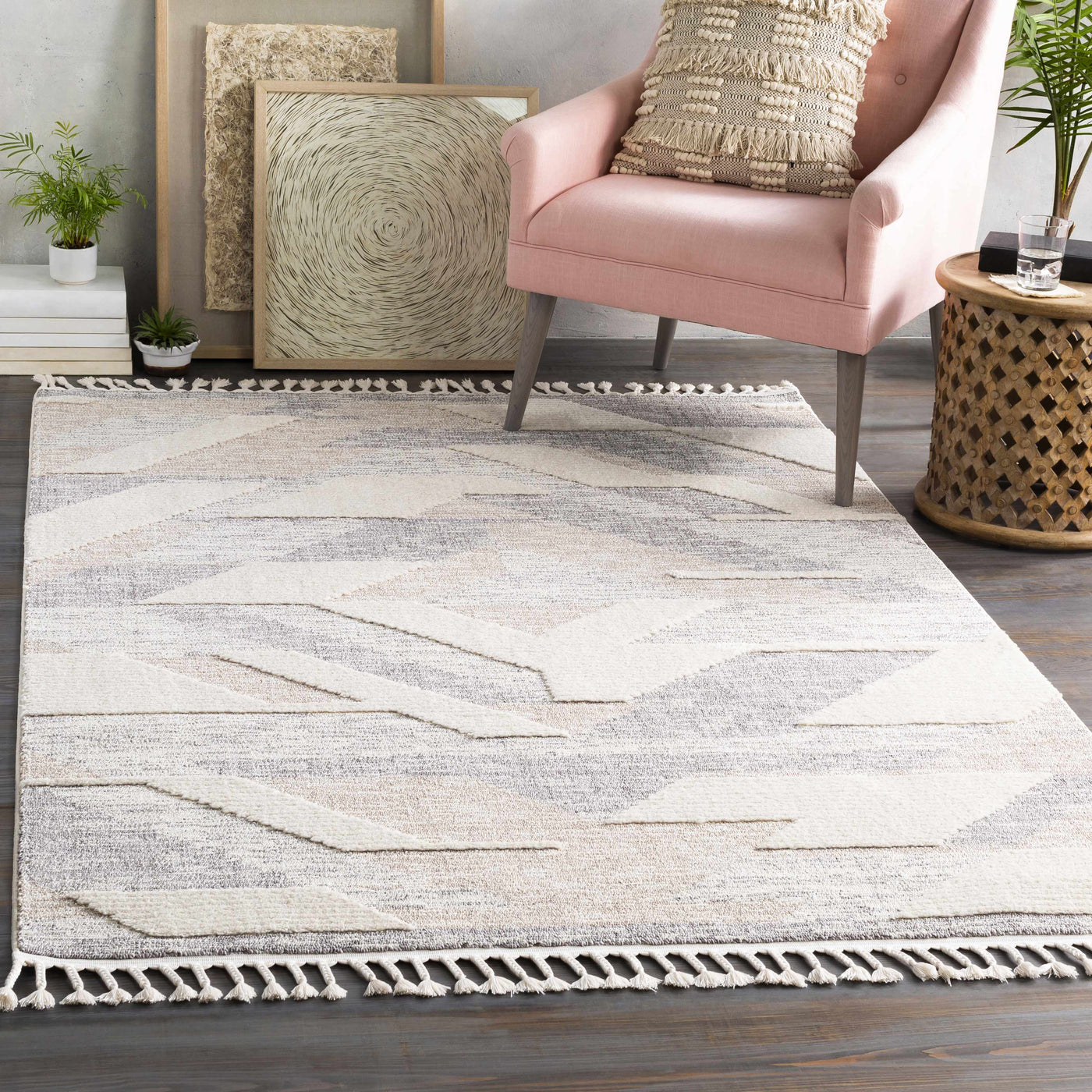 Magazine Geometric High/Low Pile Rug with Tassels - Clearance by Boutique Rugs