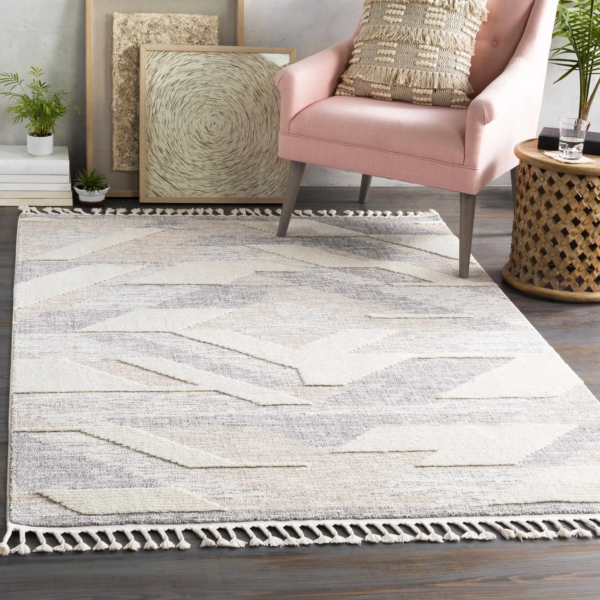 Magazine Geometric High/Low Pile Rug with Tassels - Clearance by Boutique Rugs