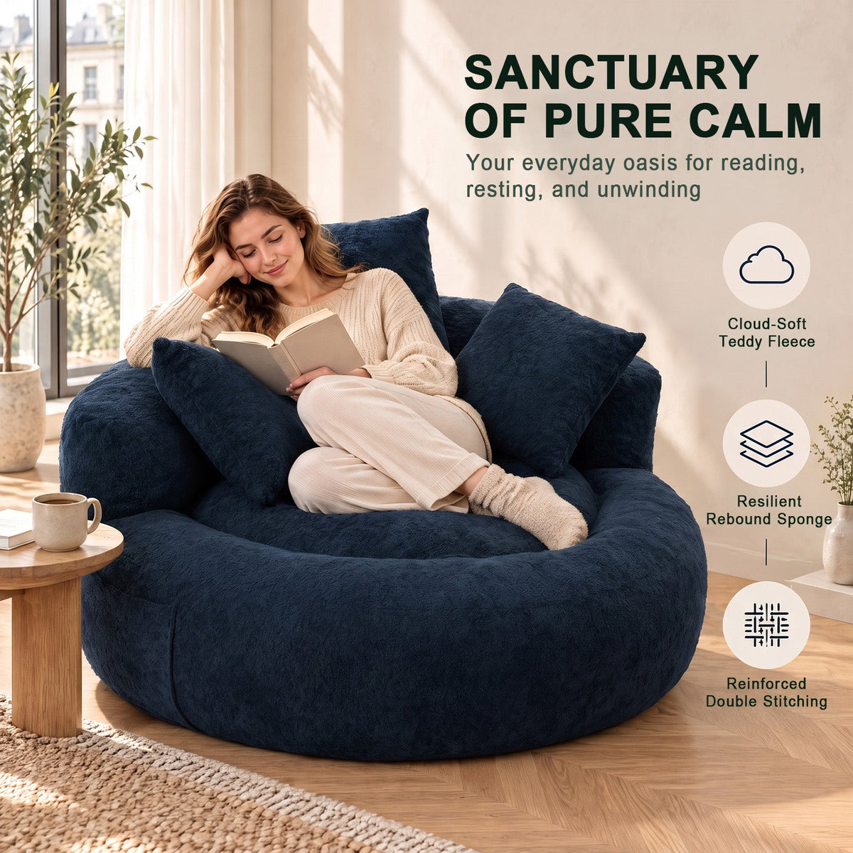 5FT Ultra Cozy Round Memory Foam Sofa, Light Blue, with 3 Matching Pillows, photo 3 of 10