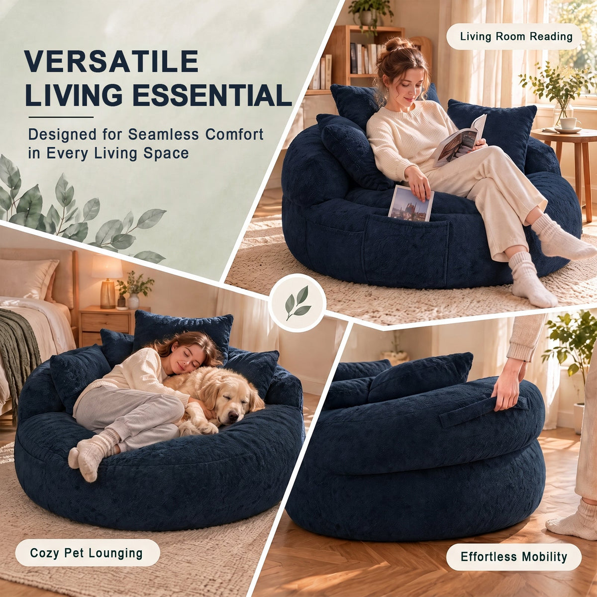 5FT Ultra Cozy Round Memory Foam Sofa, Light Blue, with 3 Matching Pillows, photo 4 of 10