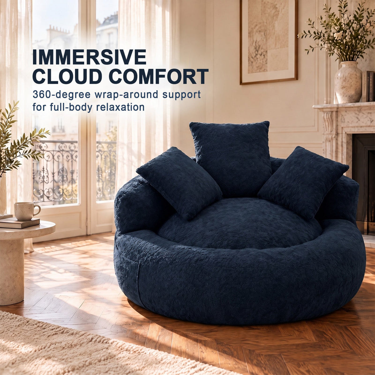 5FT Ultra Cozy Round Memory Foam Sofa, Light Blue, with 3 Matching Pillows, photo 5 of 10