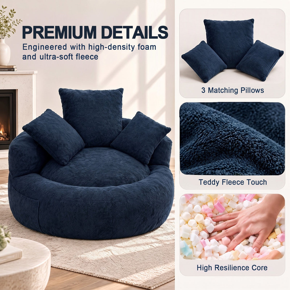 5FT Ultra Cozy Round Memory Foam Sofa, Light Blue, with 3 Matching Pillows, photo 7 of 10
