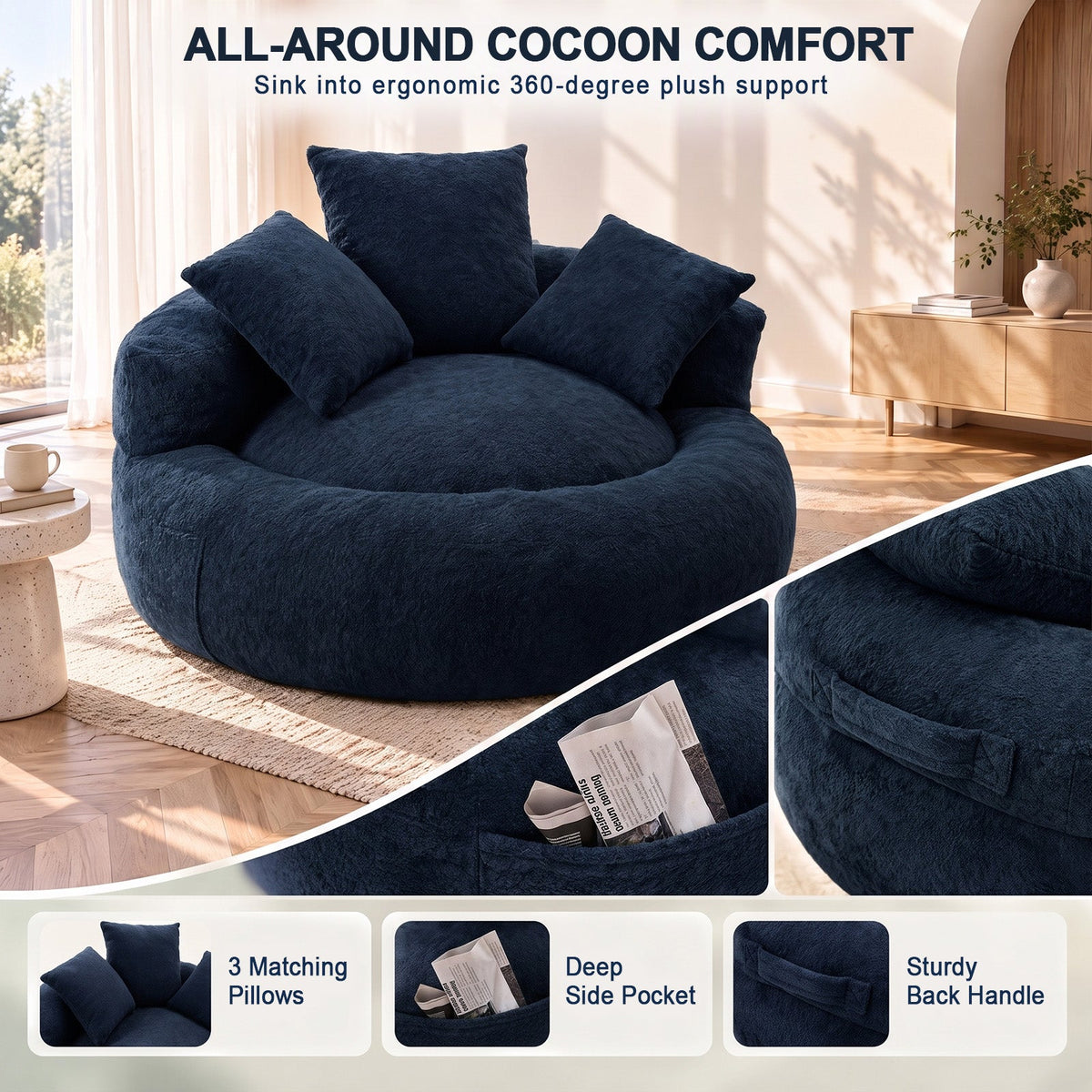 5FT Ultra Cozy Round Memory Foam Sofa, Light Blue, with 3 Matching Pillows, photo 8 of 10