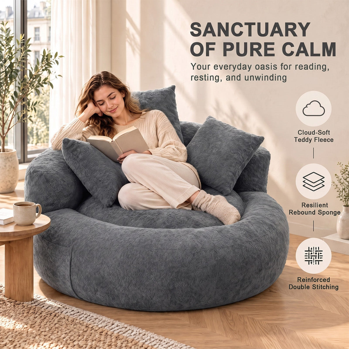 5FT Ultra Cozy Round Memory Foam Sofa, Light Blue, with 3 Matching Pillows, photo 9 of 10