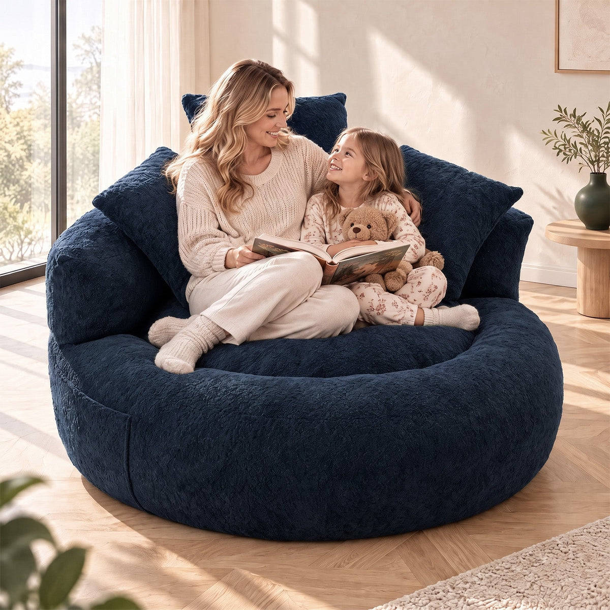 5FT Ultra Cozy Round Memory Foam Sofa, Light Blue, with 3 Matching Pillows