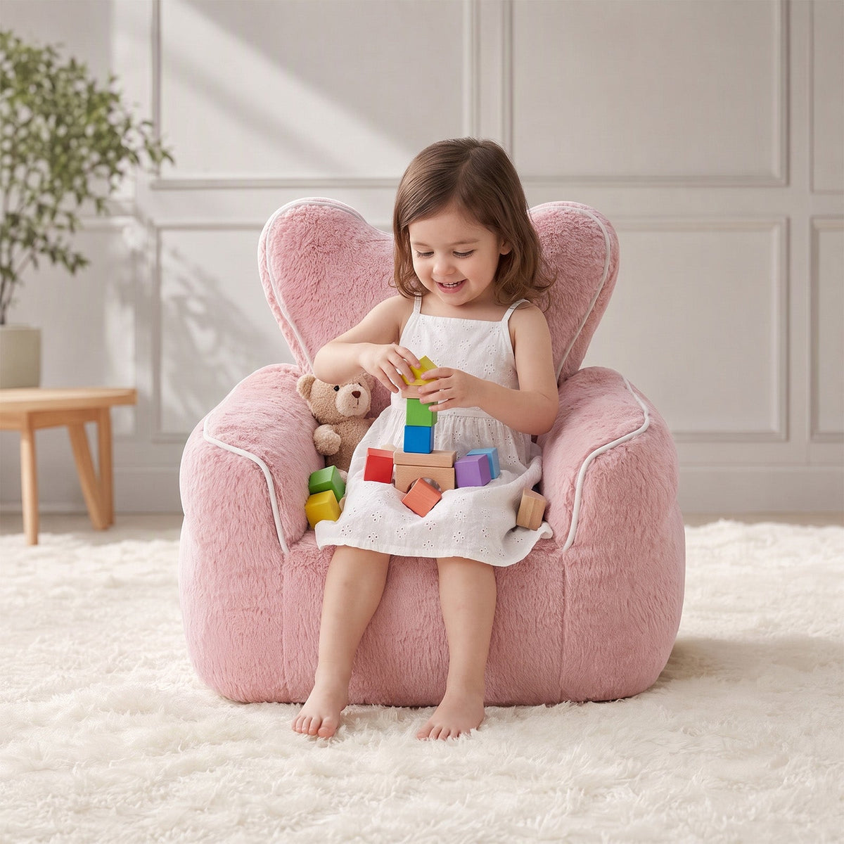 Heart-Shaped Kids Faux Fur Bean Bag Chair, Baby Pink