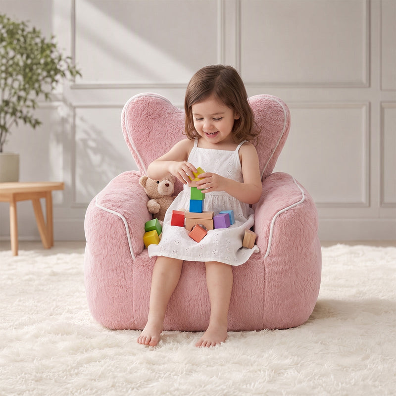Heart-Shaped Kids Faux Fur Bean Bag Chair, Baby Pink