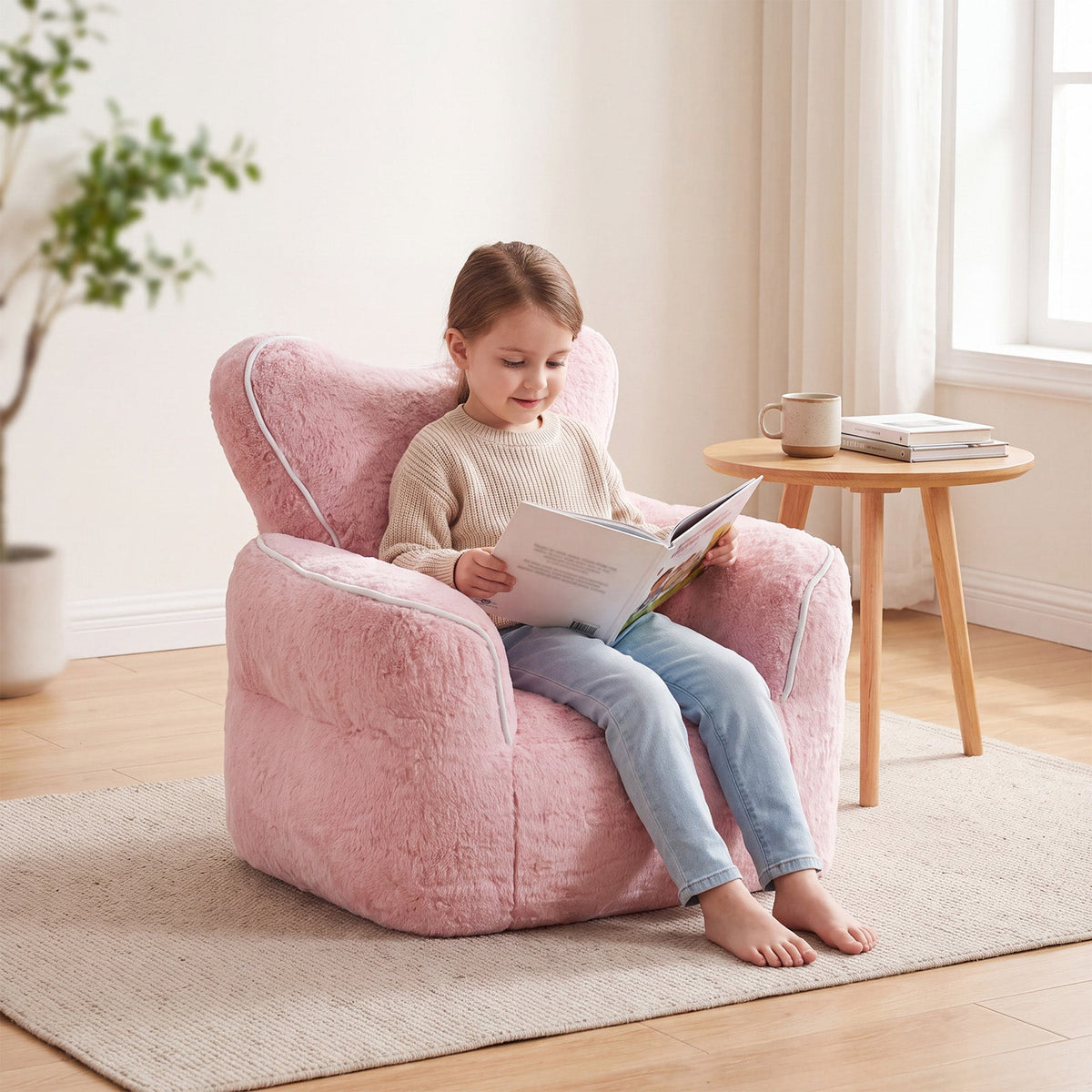 Heart-Shaped Kids Faux Fur Bean Bag Chair, Baby Pink, photo 2 of 7