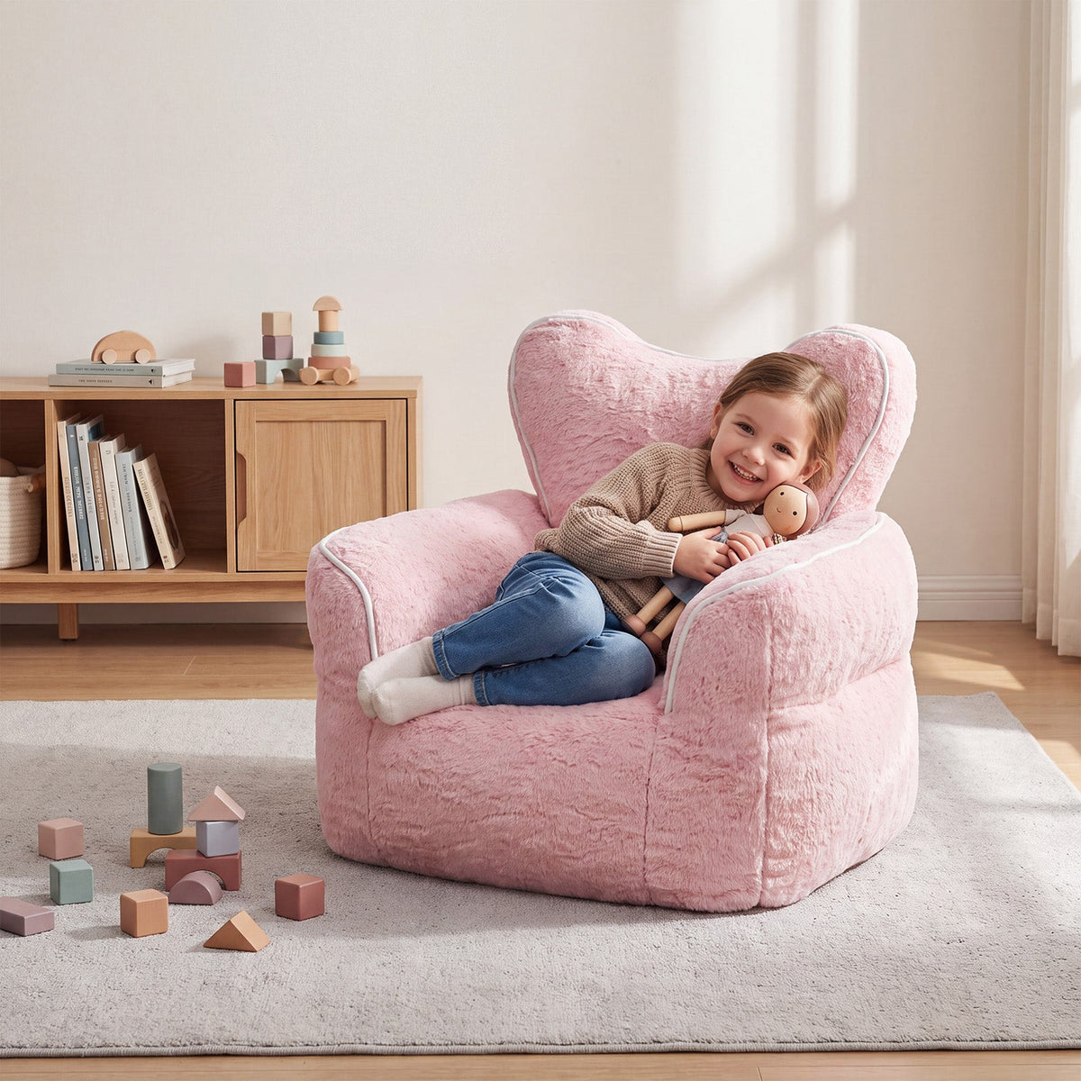 Heart-Shaped Kids Faux Fur Bean Bag Chair, Baby Pink, photo 3 of 7