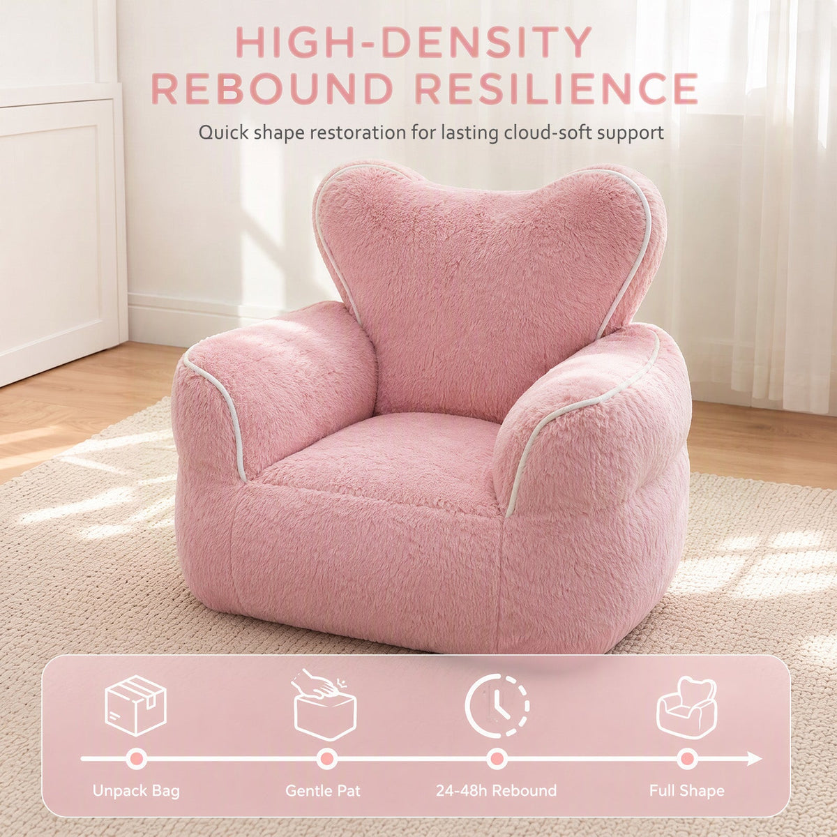 Heart-Shaped Kids Faux Fur Bean Bag Chair, Baby Pink, photo 7 of 7