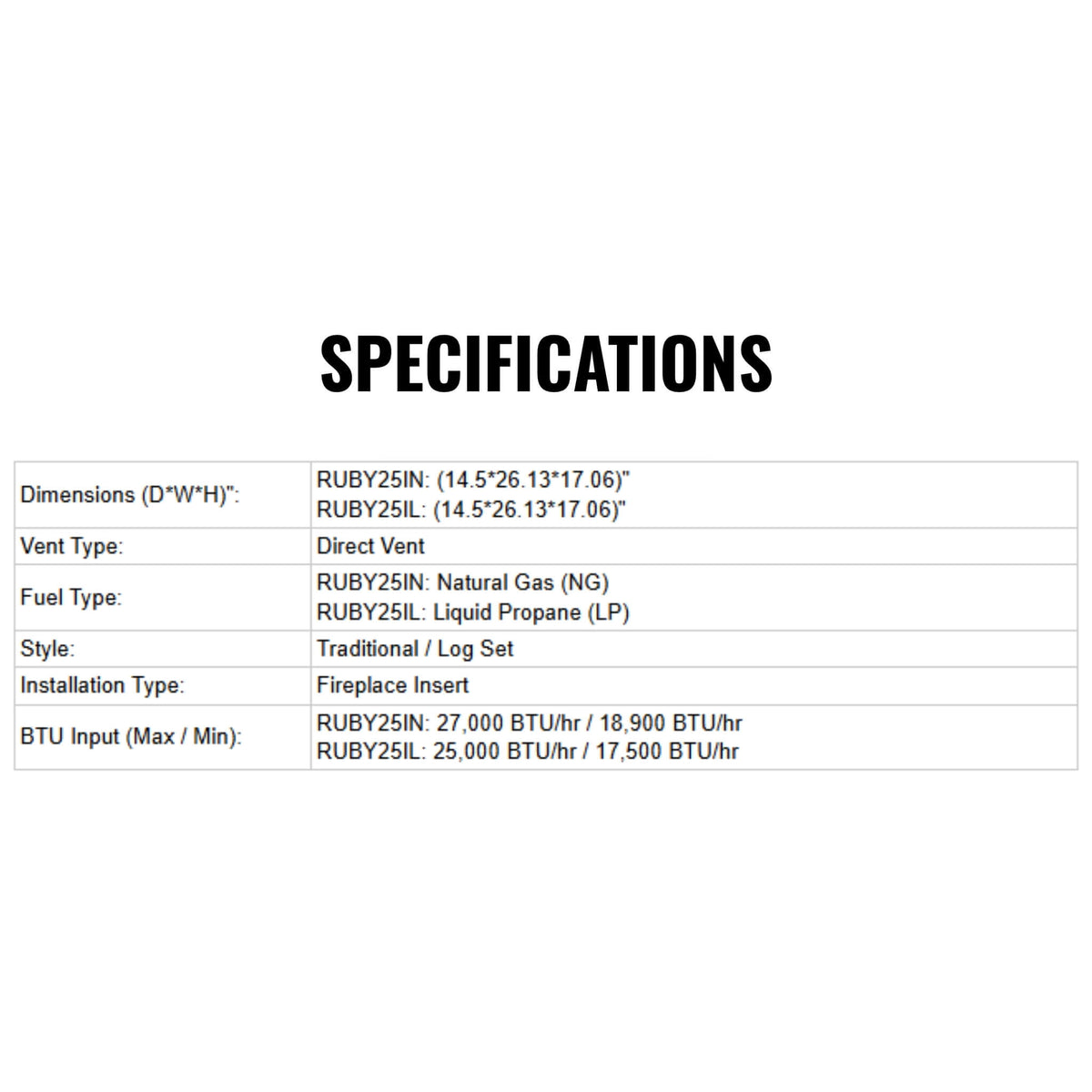 Majestic Ruby 25-Inch Direct Vent Insert [RUBY25IN/IL] (SAK78432), dimensions drawing