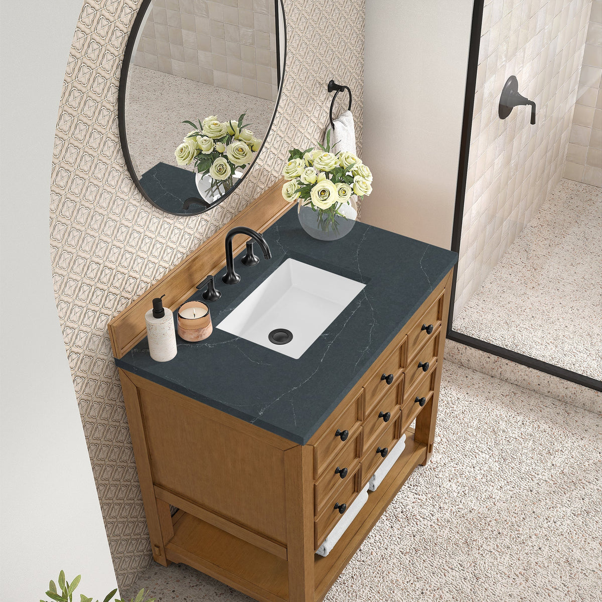 James Martin Malibu 36" Single Bathroom Vanity, Amber Birch with Charcoal Soapstone countertop