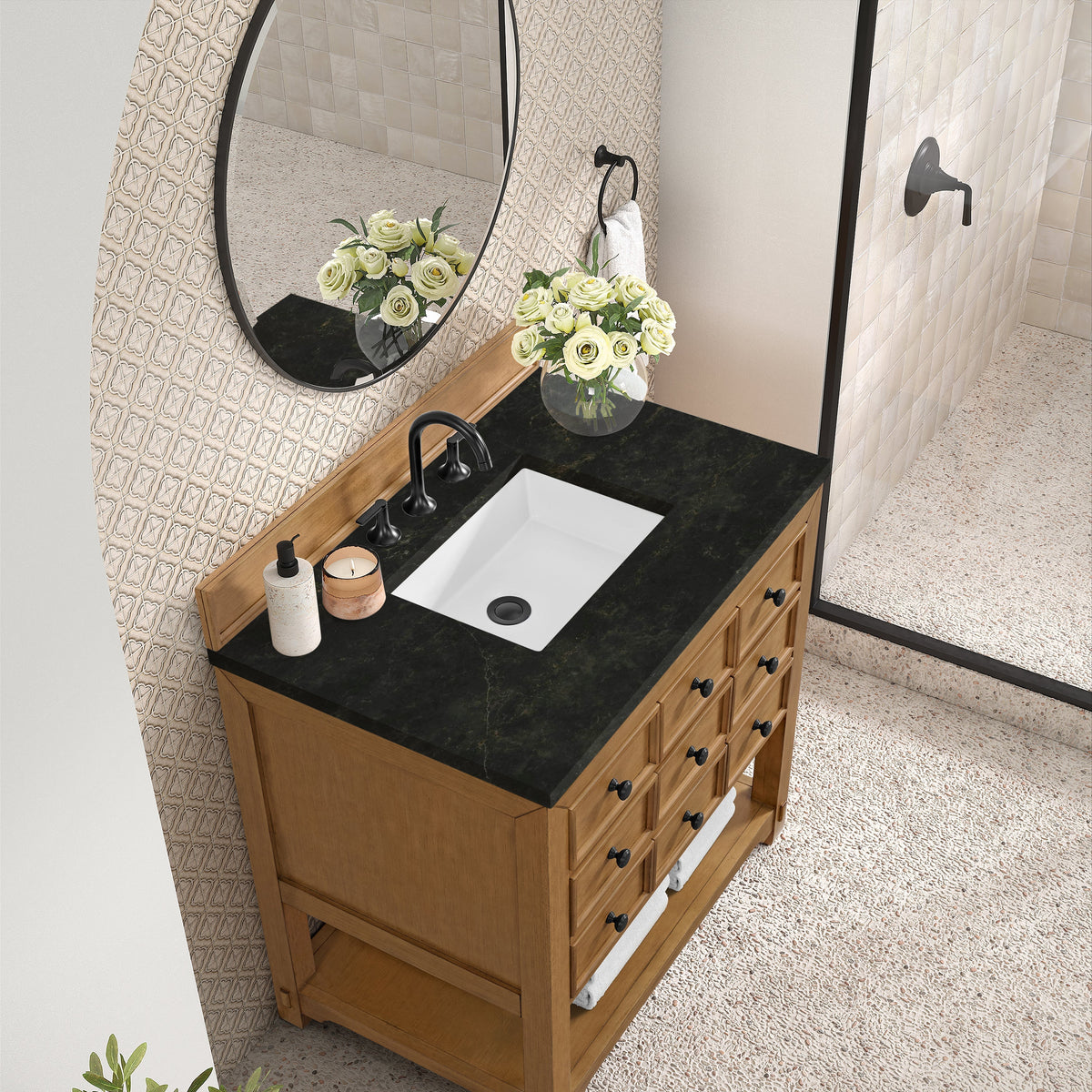 James Martin Malibu 36" Single Bathroom Vanity, Amber Birch with Phantome countertop