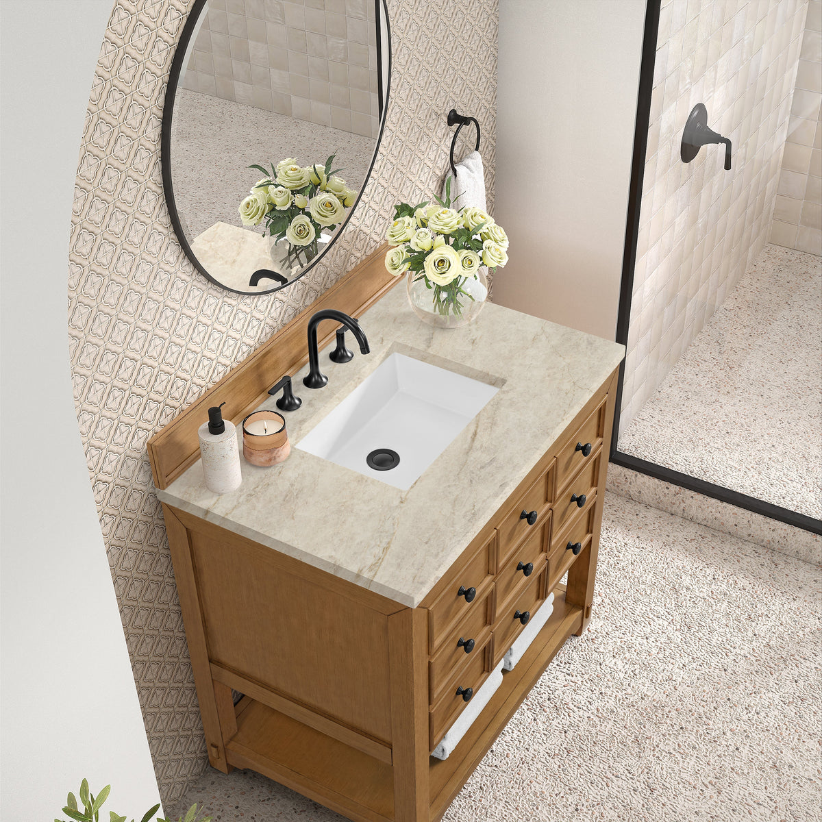 James Martin Malibu 36" Single Bathroom Vanity, Amber Birch with Tajnar countertop