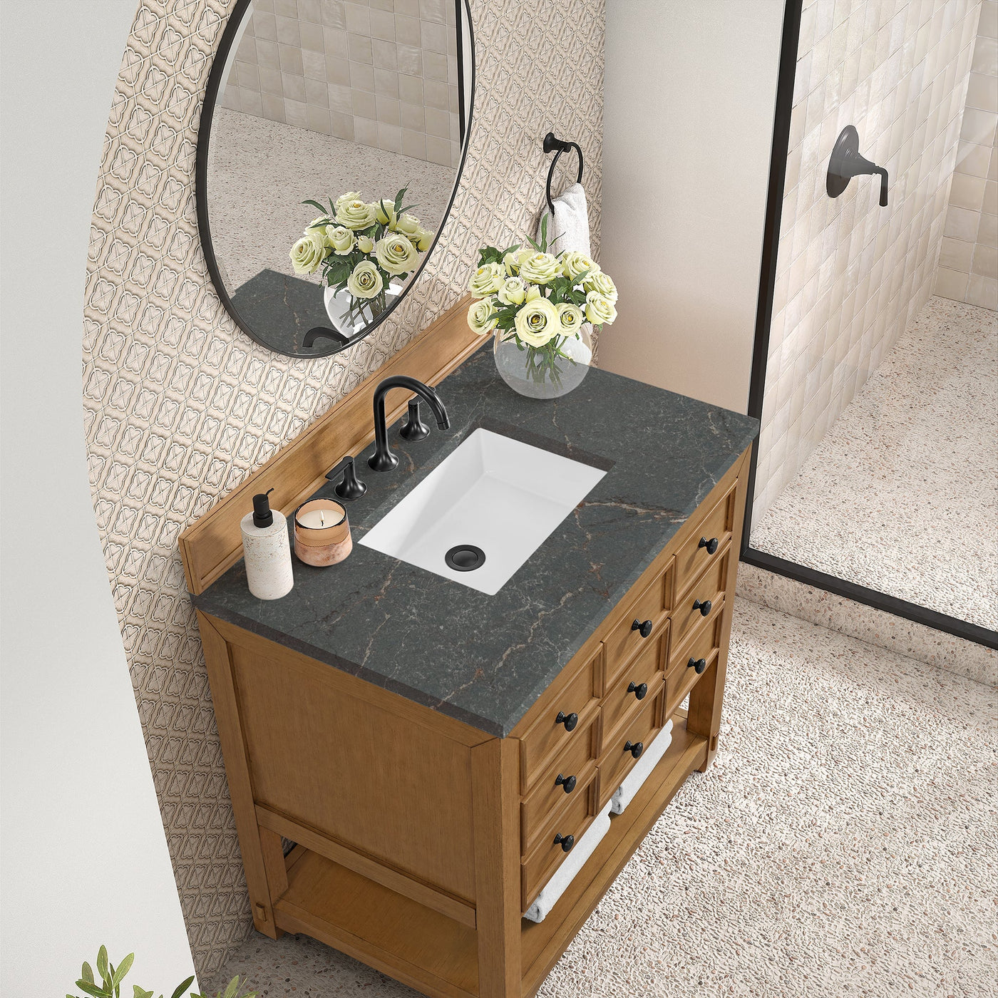 James Martin Malibu 36" Single Bathroom Vanity, Amber Birch with Victorian Silver countertop