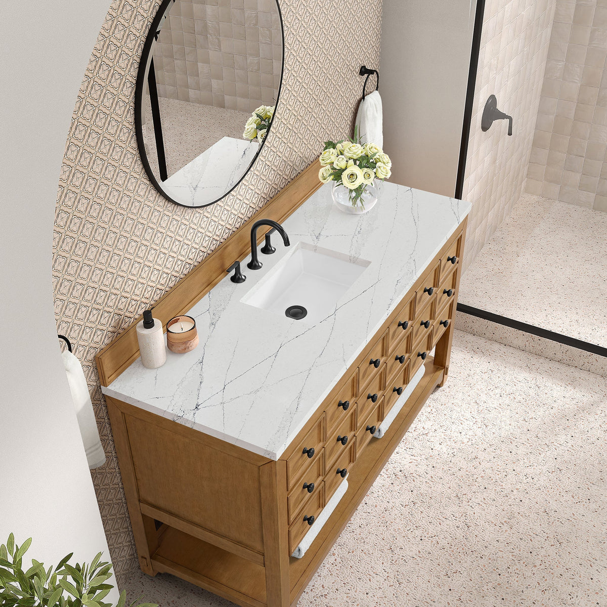 James Martin Malibu 60" Single Bathroom Vanity, Amber Birch with Ethereal Noctis countertop