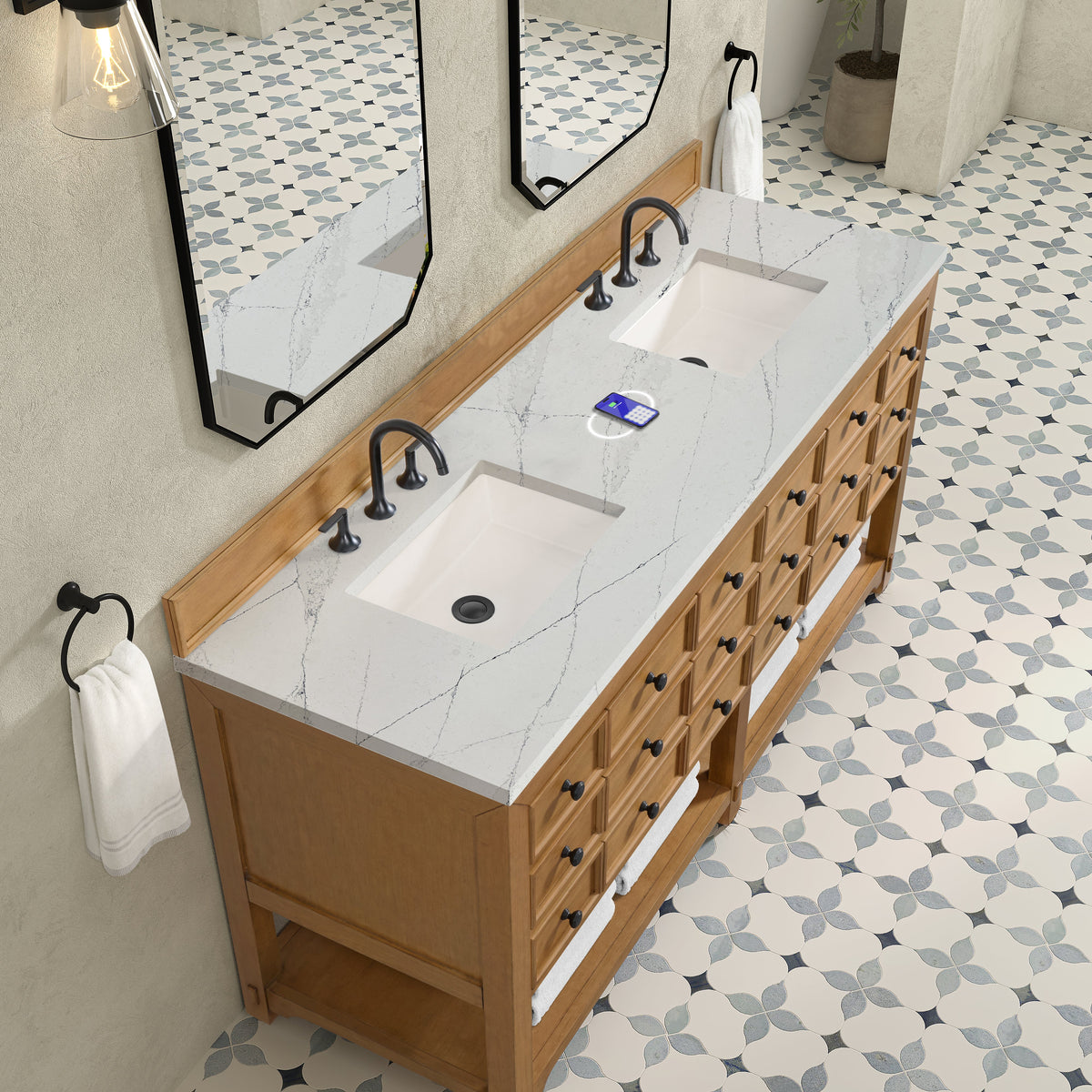 James Martin Malibu 72" Double Bathroom Vanity, Amber Birch with Ethereal Noctis (FreePower) countertop