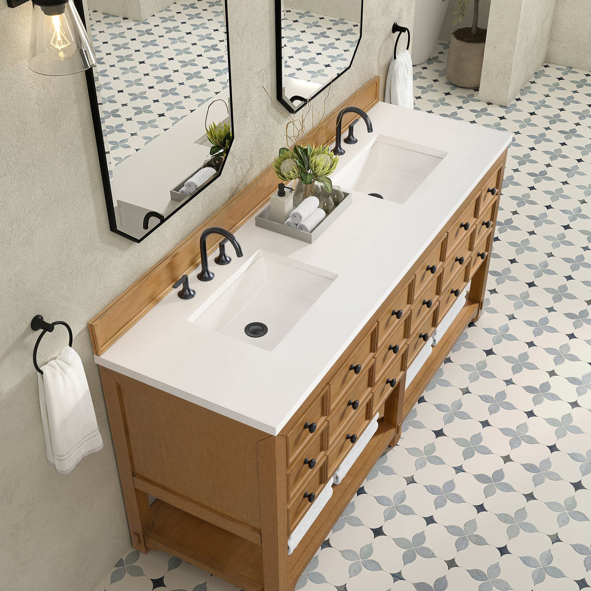 James Martin Malibu 72" Double Bathroom Vanity, Amber Birch with White Zeus countertop