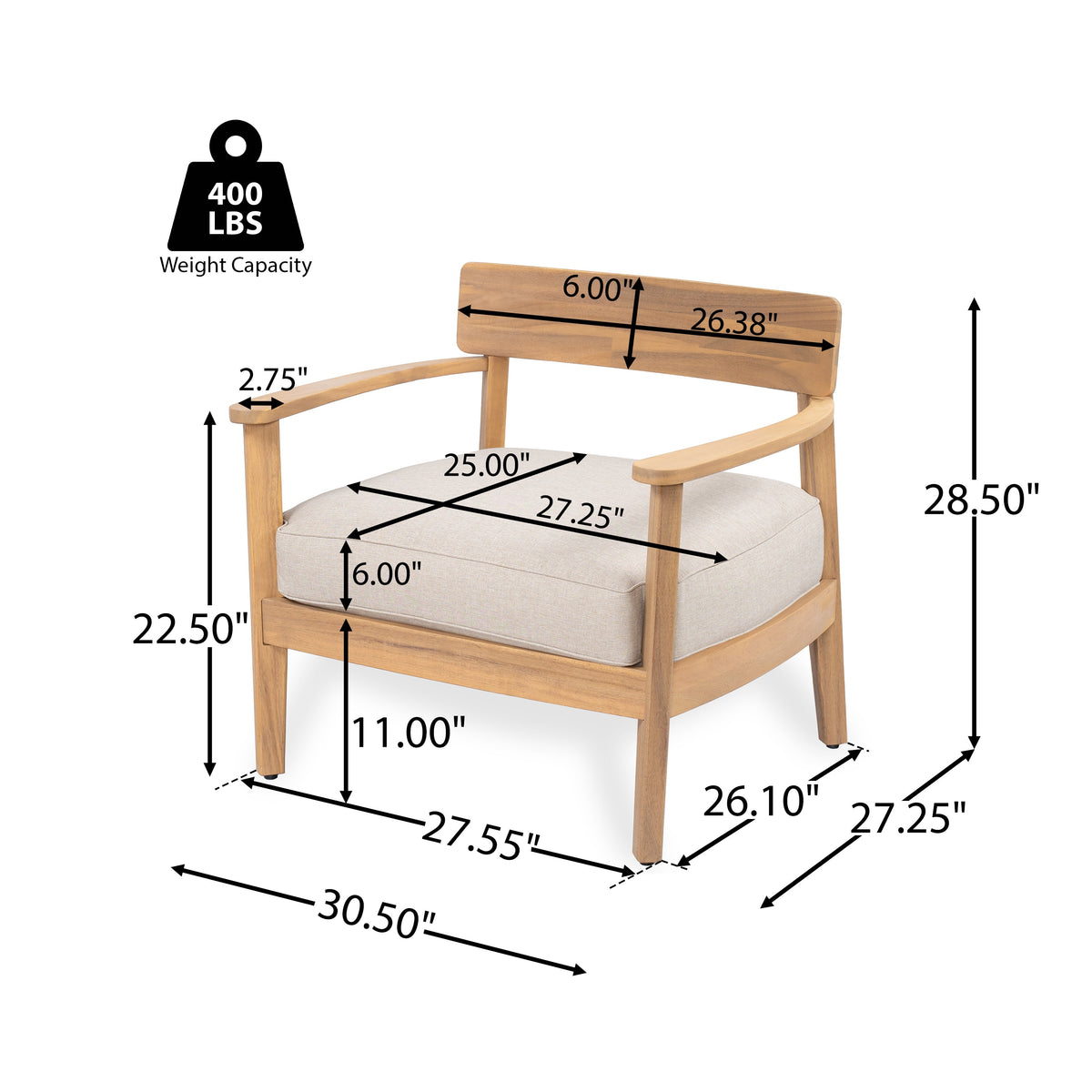 Mallorca Acacia Wood Club Chair with Seat Cushion - Outdoor, photo 10 of 25