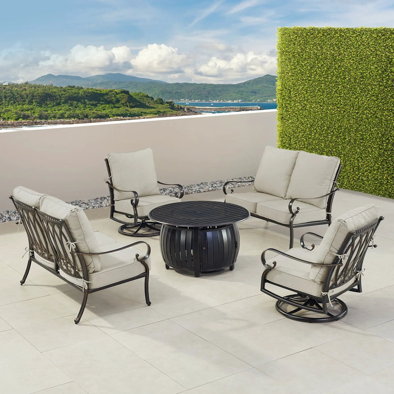 Black Aluminum Fire Table Set with Two Loveseats and Two Club Chairs by Sharicks