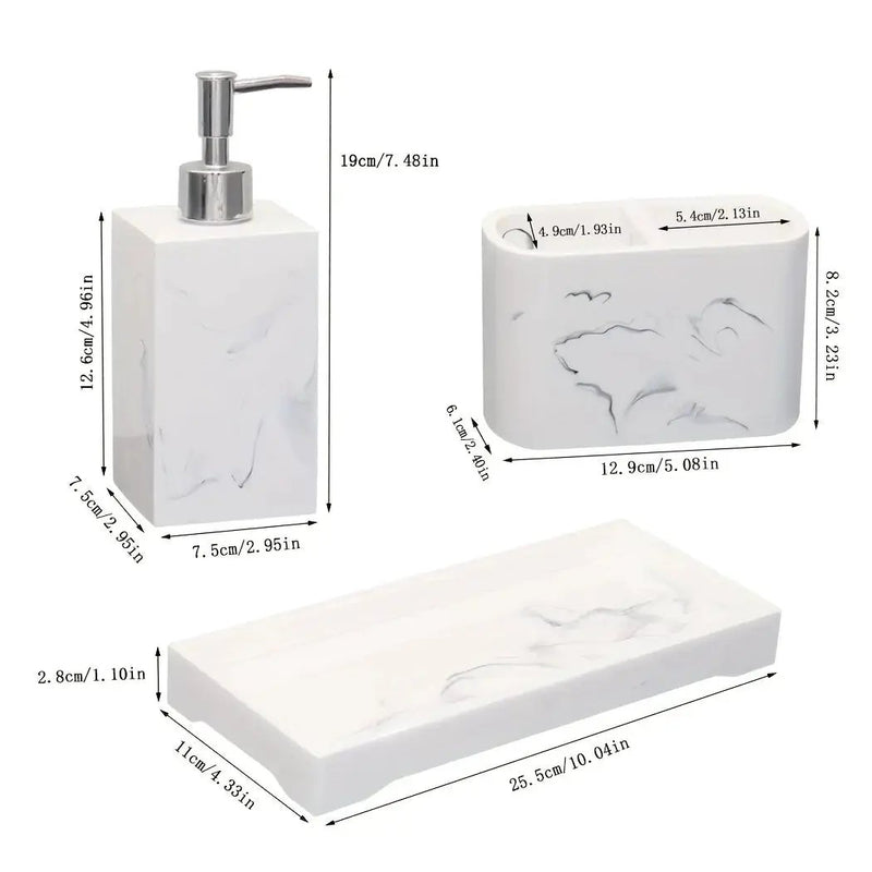 Marble Look Bathroom Accessory Set, 3pcs Includes Soap Dispenser, Toothbrush Holder, and Tray for Home, Restroom, Apartment Decor - Other Material by House Of Avana