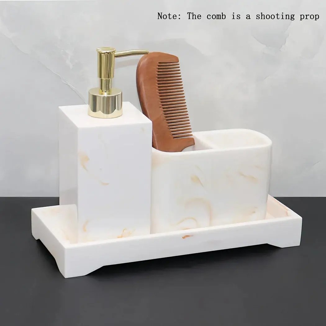 Marble Look Bathroom Accessory Set, 3pcs Includes Soap Dispenser, Toothbrush Holder, and Tray for Home, Restroom, Apartment Decor - Other Material by House Of Avana