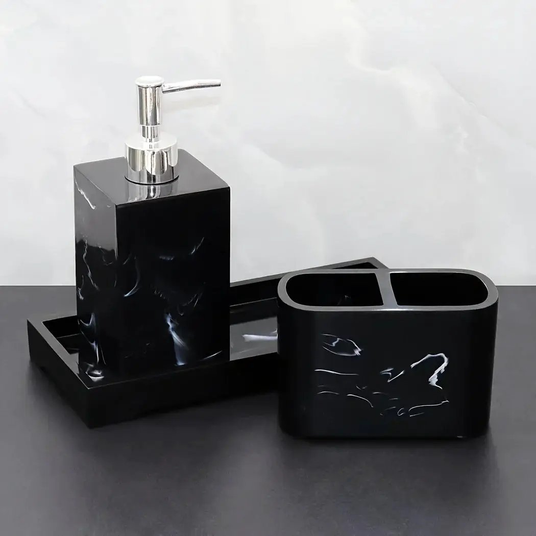 Marble Look Bathroom Accessory Set, 3pcs Includes Soap Dispenser, Toothbrush Holder, and Tray for Home, Restroom, Apartment Decor - Other Material by House Of Avana